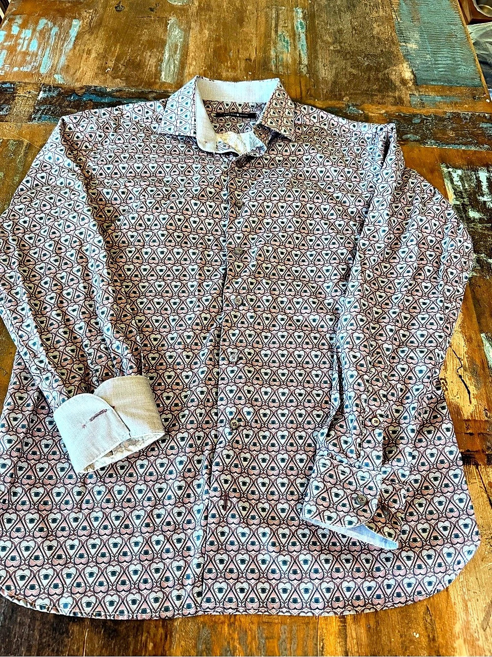Hammer Made Geometric Cotton Shirt in Pink & Blue Size Medium